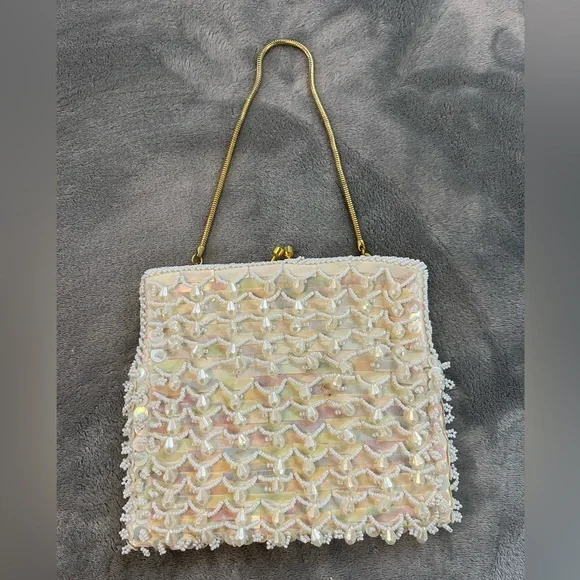 Vintage women’s clutch cream color beads  with pastel colors sequins gold strap - Picture 2 of 8